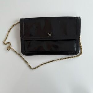 Veneto Black Genuine Leather Purse W/Gold Chain Strap - Made In Italy